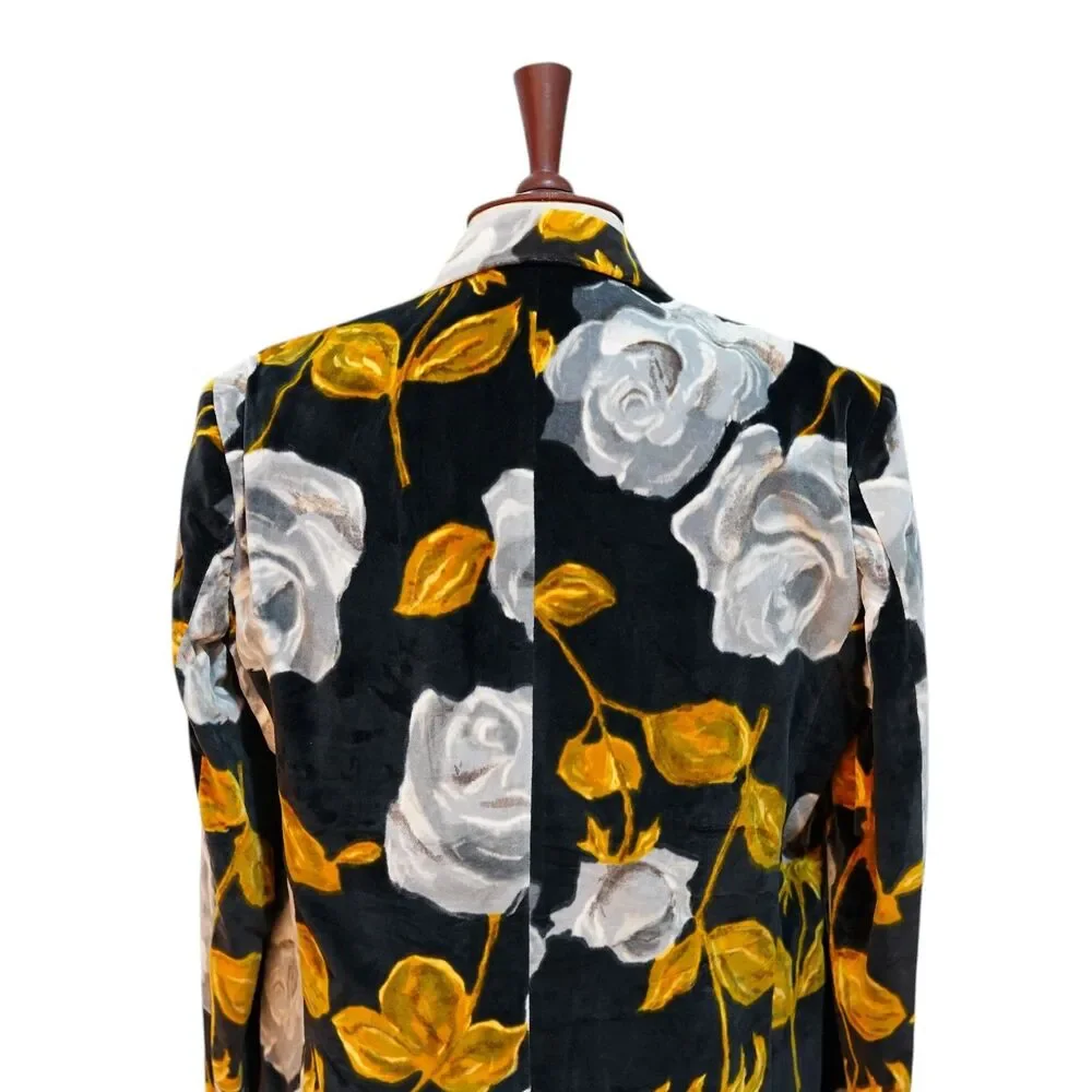 Mens Velvet Sport Coat 44R Black Gray Gold Rose Floral Blazer 2 Button Party